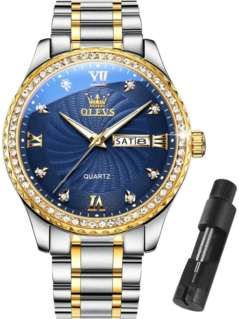 Men's Gold Blue Big Dial Analog Quartz Stainless Steel Relojes Waterproof Watch